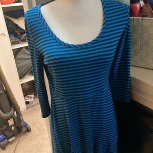 Xhiliration Dress, vintage, blue stripes, flirty skirt, size Medium, 3/4 sleeve